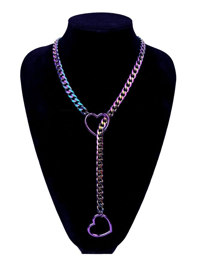 EverGlimp Rainbow Slip Chain Necklace For Women, Purple Heart-Shaped O-Ring,Adjustable Lengths,Cuban Chunky Chain Lariat Y-Necklace Jewelry (Purple, Length 25'') - Image 2